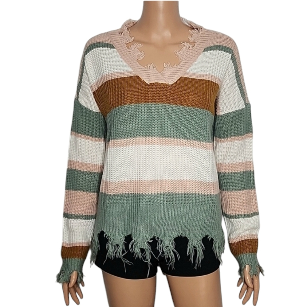 Full Circle Trends Size L Womens Multi Striped Fringed Distressed Sweater‎